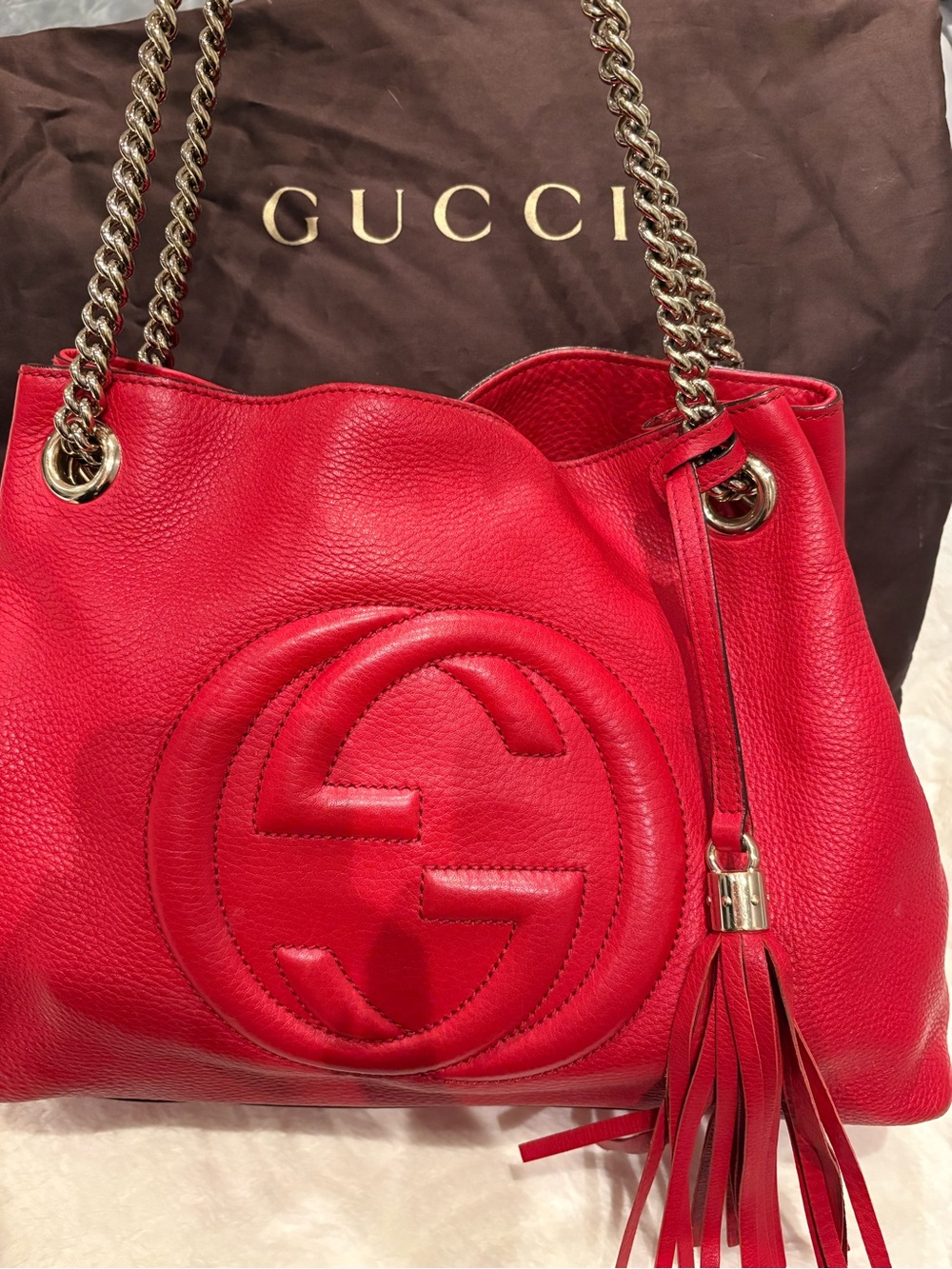 Gucci Red Pebbled Leather Shoulder Bag with Tassel and Chain Straps GUCCI
